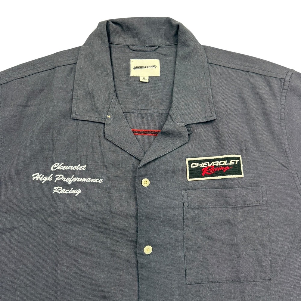 Lucky Brand Shirt Mens XL Gray Short Sleeve Button Up Twill Chevrolet Mechanics